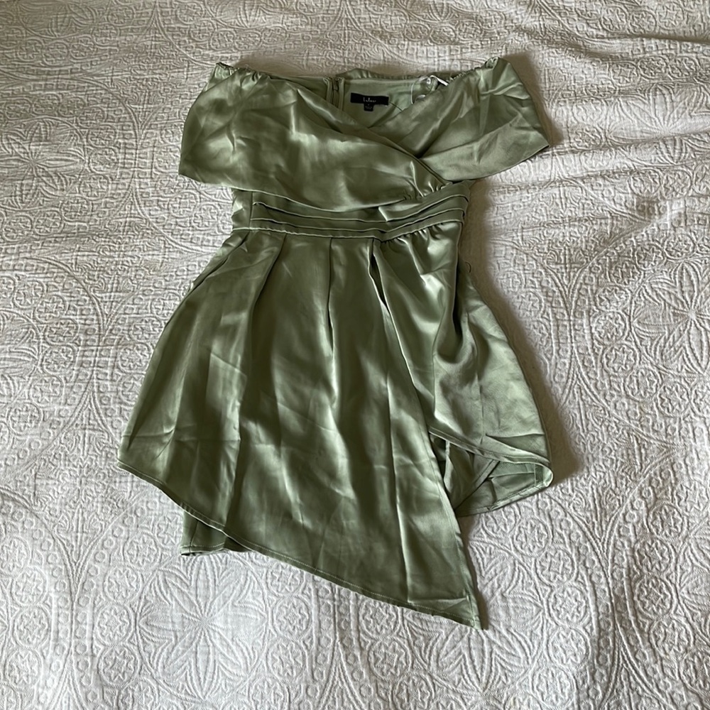 Satin off the should sage green mini dress